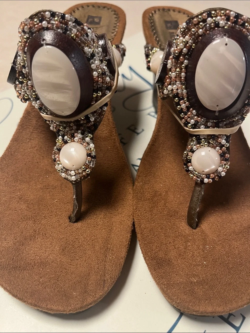 White Mountain Brown Beaded Thong Sandals with White Stone Accents